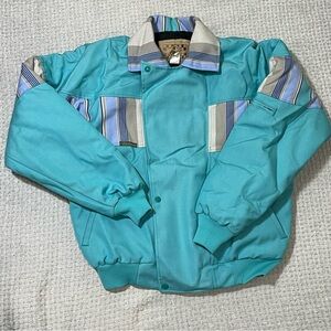 VTG 80s 90s Blue Striped Western Design Insulated Brushpopper Style Coat Large